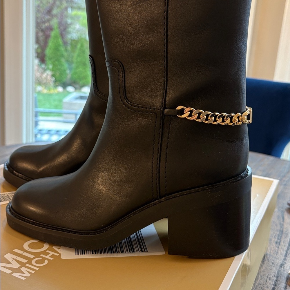 Michael Kors Black Heeled Boots with Gold Chain Detail - Picture 5 of 6